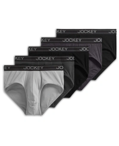 Jockey Men's 5-pk. Lightweight Cotton-blend Logo Briefs In Black,charcoal Heather,trusted Pewter,qu
