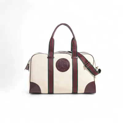 Jocosa Women's Brown Daily Sports Bag Ivory Canvas Bordeaux Leather Red Handle Stripe