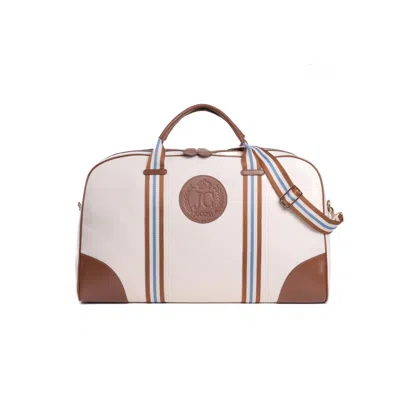 Jocosa Women's Brown Weekend Bag Ivory Canvas Caramel Leather Sky Blue Handle Stripe