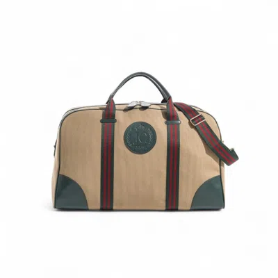 Jocosa Women's Brown Weekend Bag Khaki Canvas Green Leather Red Handle Stripe