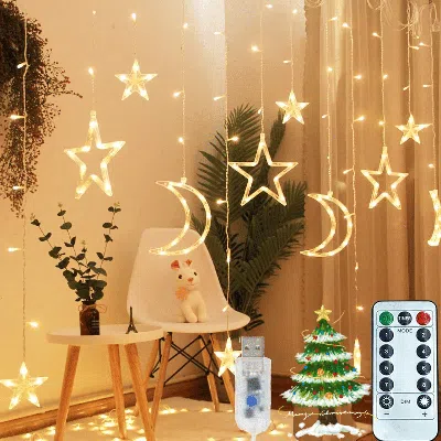 Jodex 2pc Ramadan Solar Icicle Lights,outdoor Waterproof Moons Stars Curtain Window String With 8 Modes Ti In Yellow