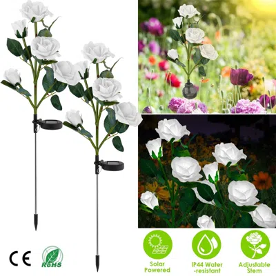 Jodex 2pcs Solar Powered Lights Outdoor Rose Flower Led Decorative Lamp Water Resistant Pathway Stake Ligh In White