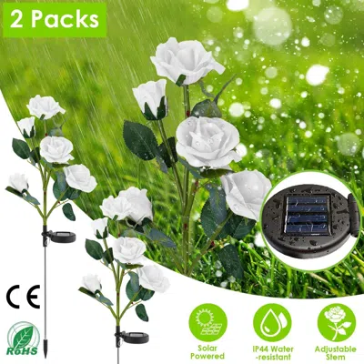 Jodex 2pcs Solar Powered Lights Outdoor Rose Flower Led Decorative Lamp Water Resistant Pathway Stake Ligh In White