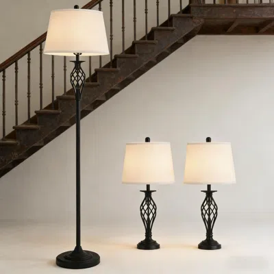 Jodex 3 Piece Table Floor Lamp Set With Metal Pole, Round Base, And Fabric Lampshade In Black