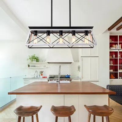 Jodex 32" Black White Industrial 5-light Pendant Chandelier, Modern Metal Cage Design, Adjustable Hanging  In Brown