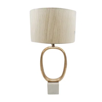 Jodex D14x28.5" Oval Shape Cut Out Metal Table Lamp With Cream Linen Shade In Gold