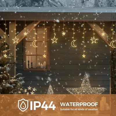 Jodex Ramadan Solar Icicle Lights,outdoor Waterproof Moons Stars Curtain Window String With 8 Modes Timer  In Multi