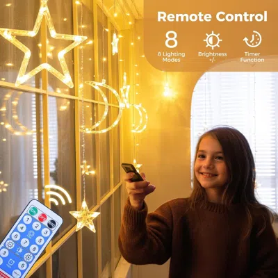 Jodex Ramadan Solar Icicle Lights,outdoor Waterproof Moons Stars Curtain Window String With 8 Modes Timer  In Gold