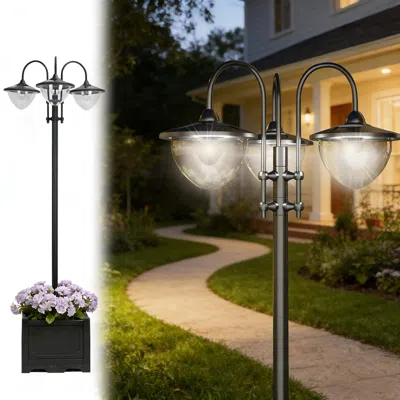 Jodex Solar Pole Lights Outdoor 3-head Solar Lamp Post Light Waterproof Led Lighting In Black