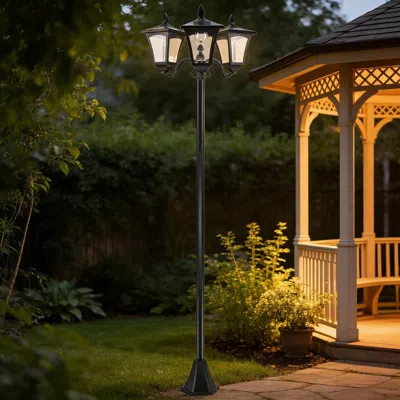 Jodex Triple Head Outdoor Solar Powered Lamp, Street Vintage Solar Post Lamp In Black