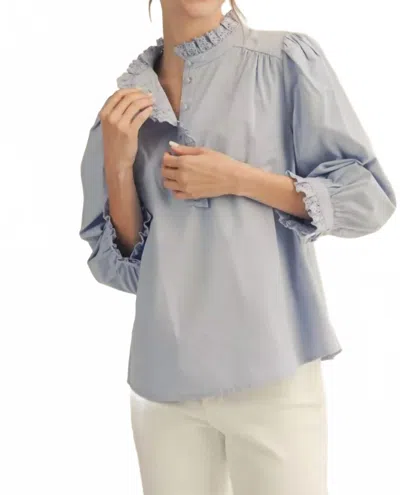 Jodifl 3/4 Sleeves Front Button Up Eyelet Trim Top In Blue