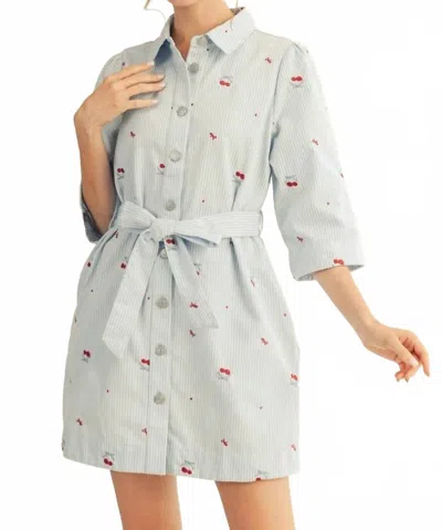 Jodifl 3/4 Sleeves Stripe Cherry Mini Dress In Light Denim In Blue