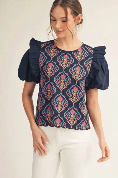 Jodifl Baroque Embroidered Top In Navy In Blue