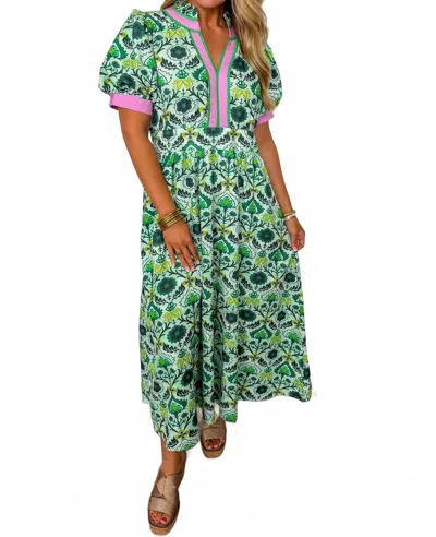 Jodifl Boho Floral Puff Sleeve Midi Dress In Green