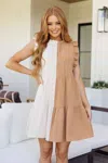 Shop Jodifl Break Even Ruffled Tiered Dress In Tan/white In Multi