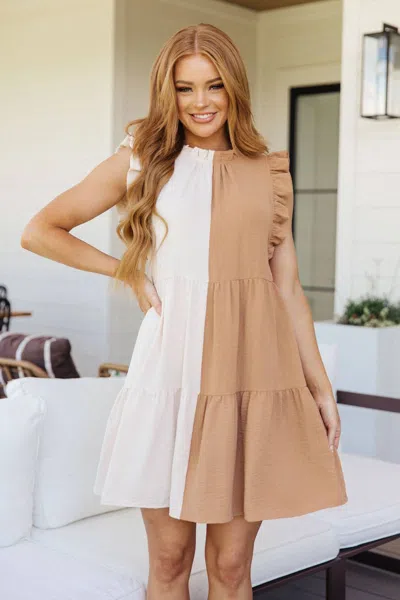Jodifl Break Even Ruffled Tiered Dress In Tan/white In Multi