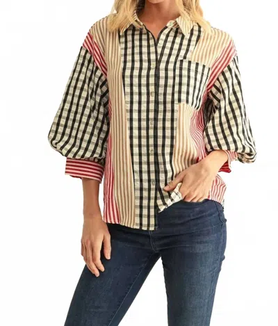 Jodifl Charming Puff Sleeve Button Down Top In Black Mix In Multi