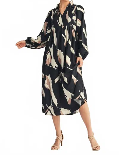 Jodifl Chest Smocking Detail Abstract Print Midi Dress In Black