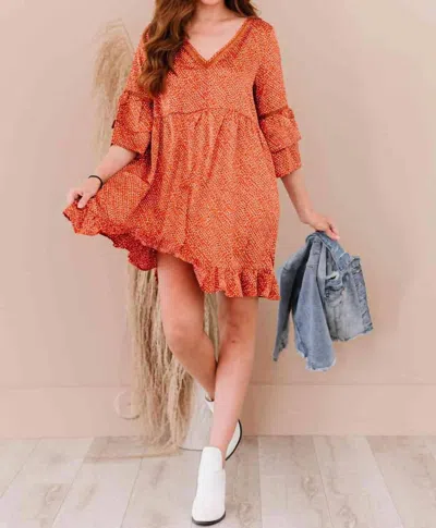 Jodifl Curtain Call Full Size Run Dotted Babydoll Dress In Rust