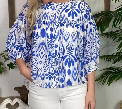 Jodifl Damask Puff Sleeve Blouse In Royal In Multi