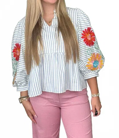 Jodifl Embroidered Babydoll Top In White With Blue Stripes In Multi