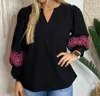 Jodifl Embroidered Blouse In Black/hot Pink In Multi