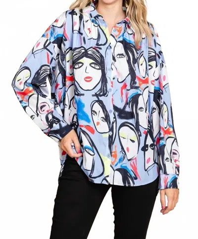 Jodifl Face Print Button Up Top In White In Blue