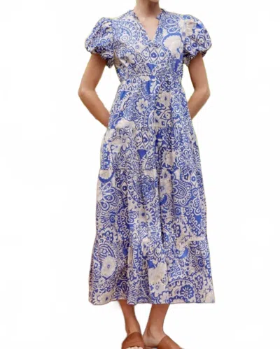 Jodifl Faye Puff Sleeve Tiered Mixed Print Midi Dress In Blue/beige In Multi