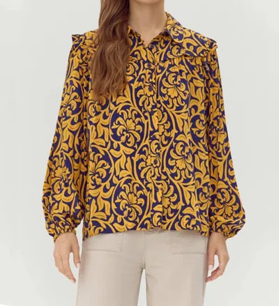 Jodifl Filigree Print Top In Blue And Camel/yellow In Animal Print
