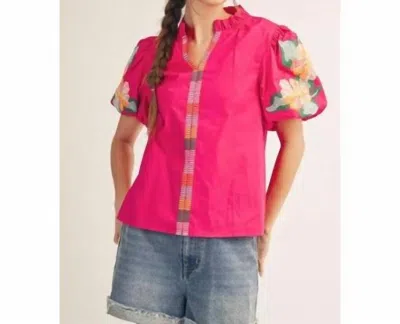 Jodifl Floral Embroidered Puff Sleeve Top In Fuchsia In Pink