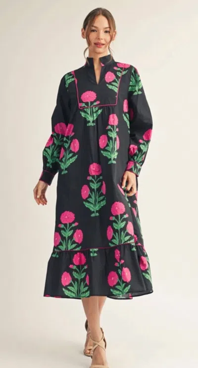 Jodifl Floral Long Sleeve Midi Dress In Black
