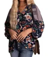 JODIFL FLORAL MIX LONG SLEEVE TOP IN NAVY