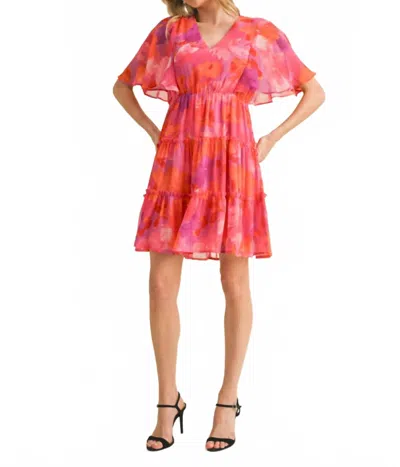 Jodifl Floral Print Chiffon V-neck Dress With Short Bell Sleeves In Fuchsia In Pink