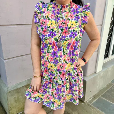 Jodifl Floral Print Frill Neckline Baby Doll Dress In White Multi