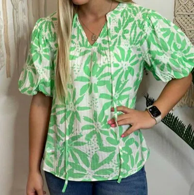 Jodifl Floral Top With Ruching And Tie At Neck In Neon Mint And White In Multi