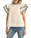 Jodifl Flutter Sleeve Top With Lace Trim In Ivory/ Black In Neutral