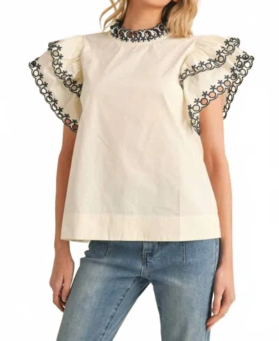 Jodifl Flutter Sleeve Top With Lace Trim In Ivory/ Black In Neutral