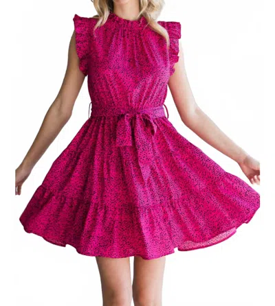 Jodifl Frilled Neck Ruffle Sleeve Dress With Pockets In Hot Pink & Black Dots