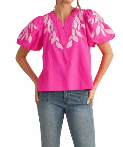 Jodifl Gwen Embroidered Puff Sleeve Top In Cerise & White In Pink