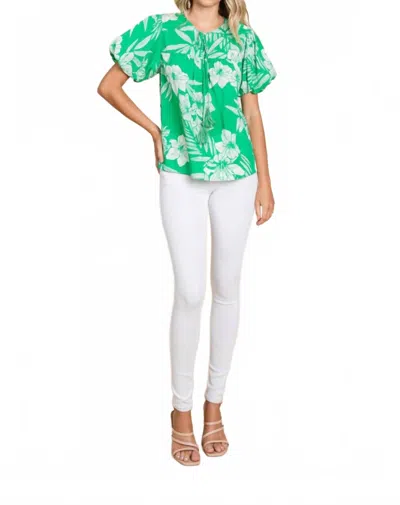 Jodifl Island Vibes Hawaiian Floral Shirt With Puff Sleeves In Green & White In Multi