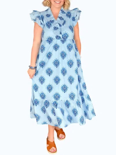 Jodifl Layered Ruffle Cap Sleeves Floral Midi Dress In Blue