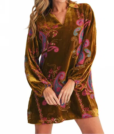 Jodifl Long Puff Sleeves Paisley Print Velvet Mini Dress In Gold