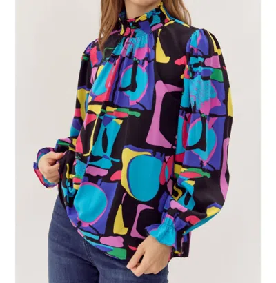 Jodifl Long Sleeve Geometric Top In Blue/yellow In Multi