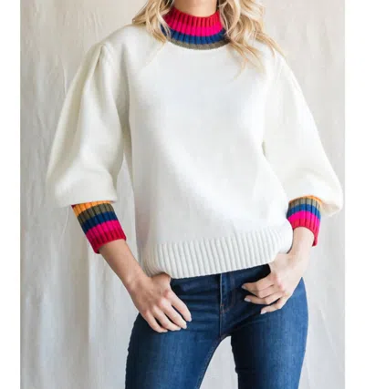 Jodifl Love It Or Leave It Pullover Sweater In White With Multi Color Stripes