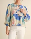 Jodifl Meyer Puff Sleeve Bow Top In Bright Blue, Turquoise, Geranium Pink In Multi