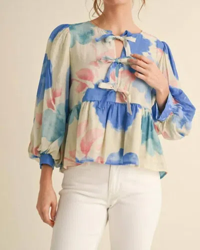 Jodifl Meyer Puff Sleeve Bow Top In Bright Blue, Turquoise, Geranium Pink In Multi