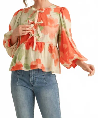 Jodifl Meyer Puff Sleeve Bow Top In Light Moss, Rust, Rosewood In Orange