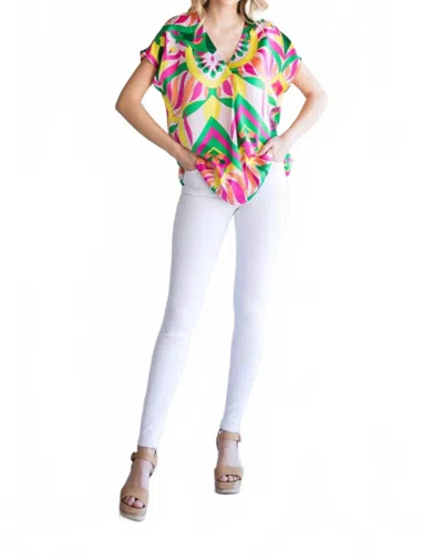 Jodifl Mix Print Top With A V-neckline & Short Curved Sleeves In Bright Pink In Multi