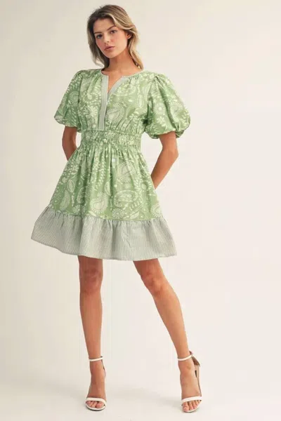 Jodifl Paisley Pattern Short Puff Sleeve Dress In Green In Black