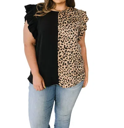 Jodifl Phoebe Colorblock Leopard Ruffled Shoulder Top In Black/leopard